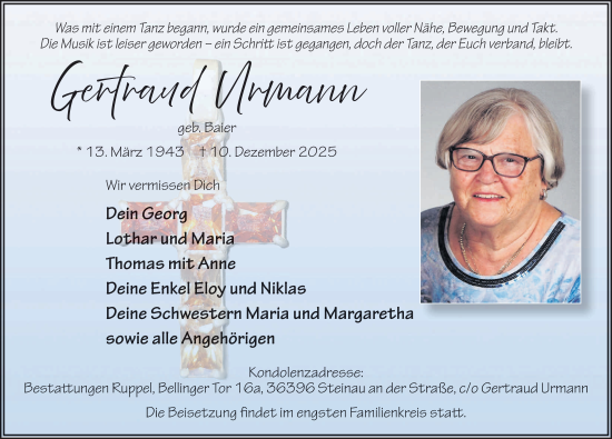 Traueranzeige von Gertraud Urmann von FZ