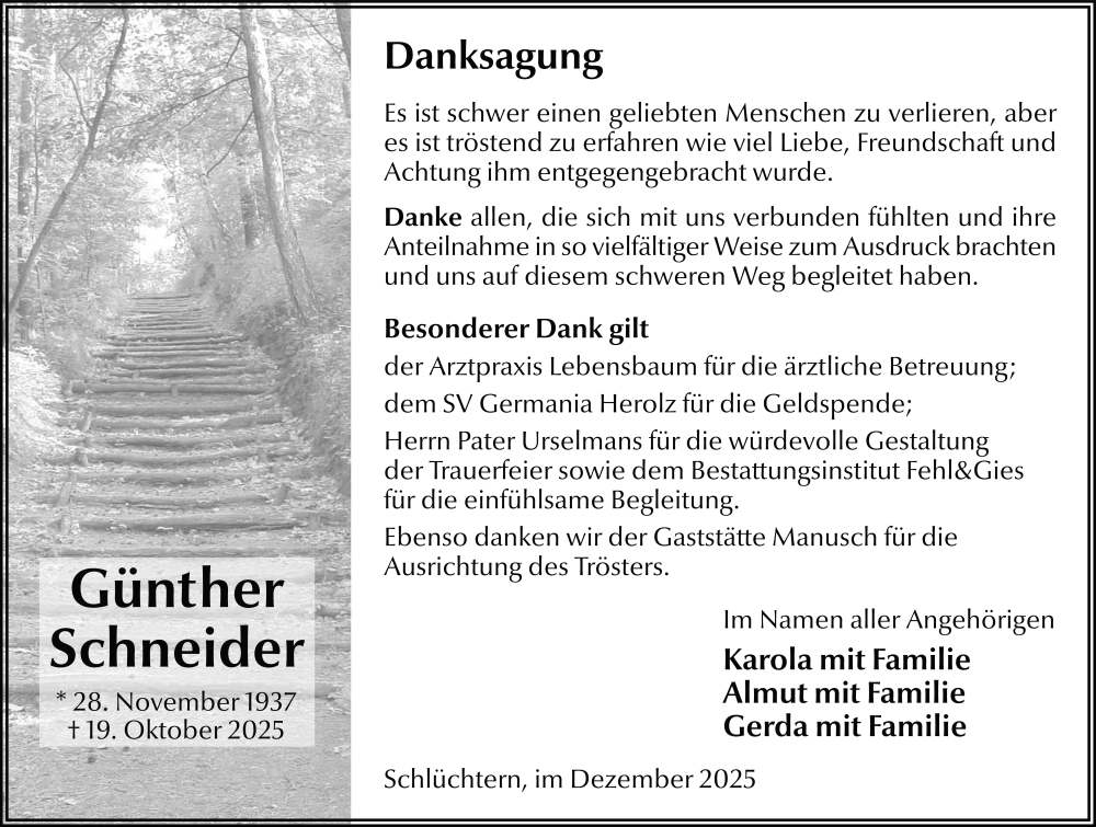  Traueranzeige für Günther Schneider vom 13.12.2025 aus FZ