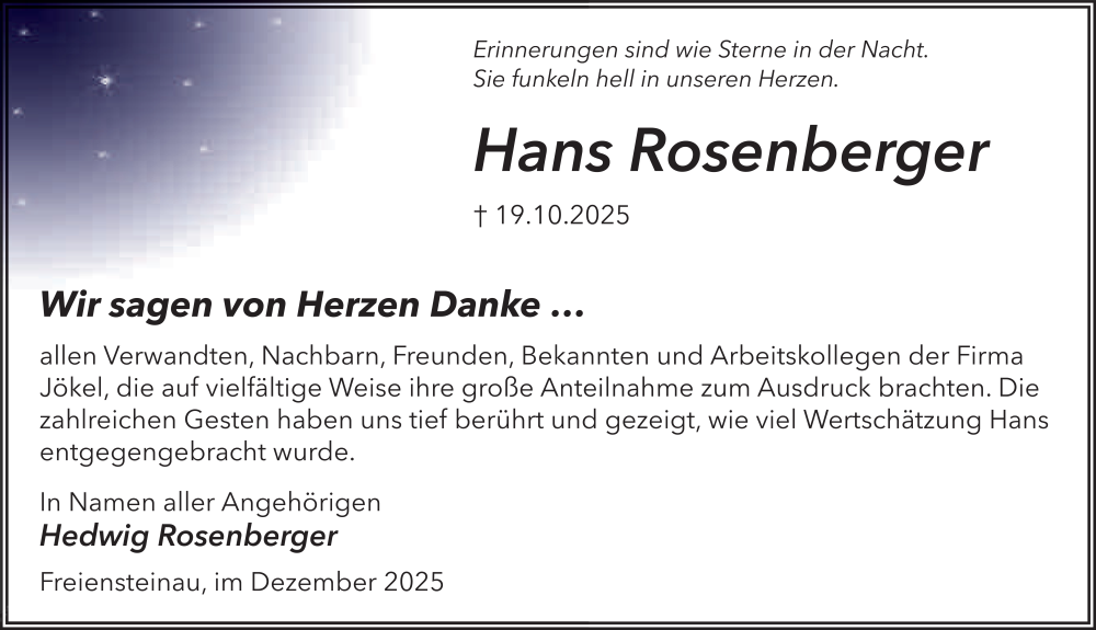  Traueranzeige für Hans Rosenberger vom 13.12.2025 aus FZ