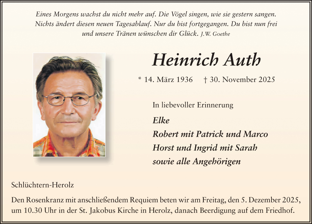  Traueranzeige für Heinrich Auth vom 03.12.2025 aus FZ