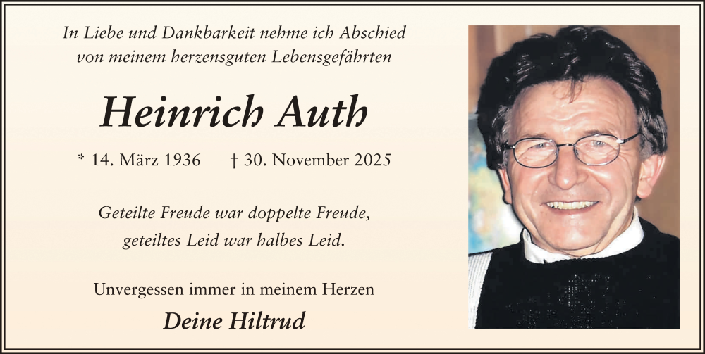  Traueranzeige für Heinrich Auth vom 13.12.2025 aus FZ