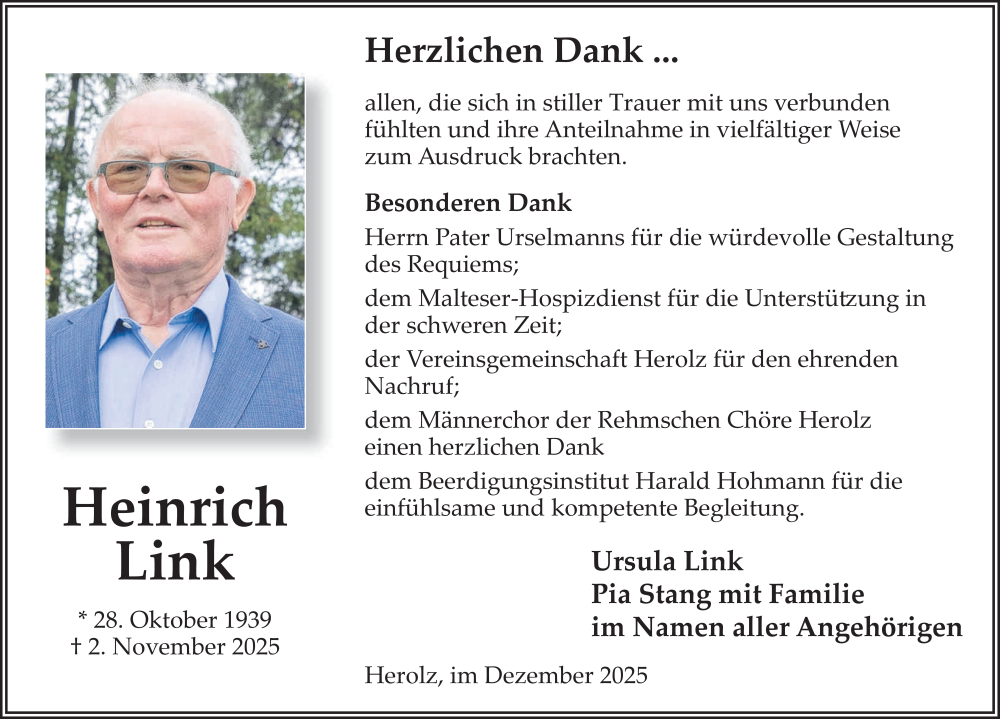  Traueranzeige für Heinrich Link vom 06.12.2025 aus FZ
