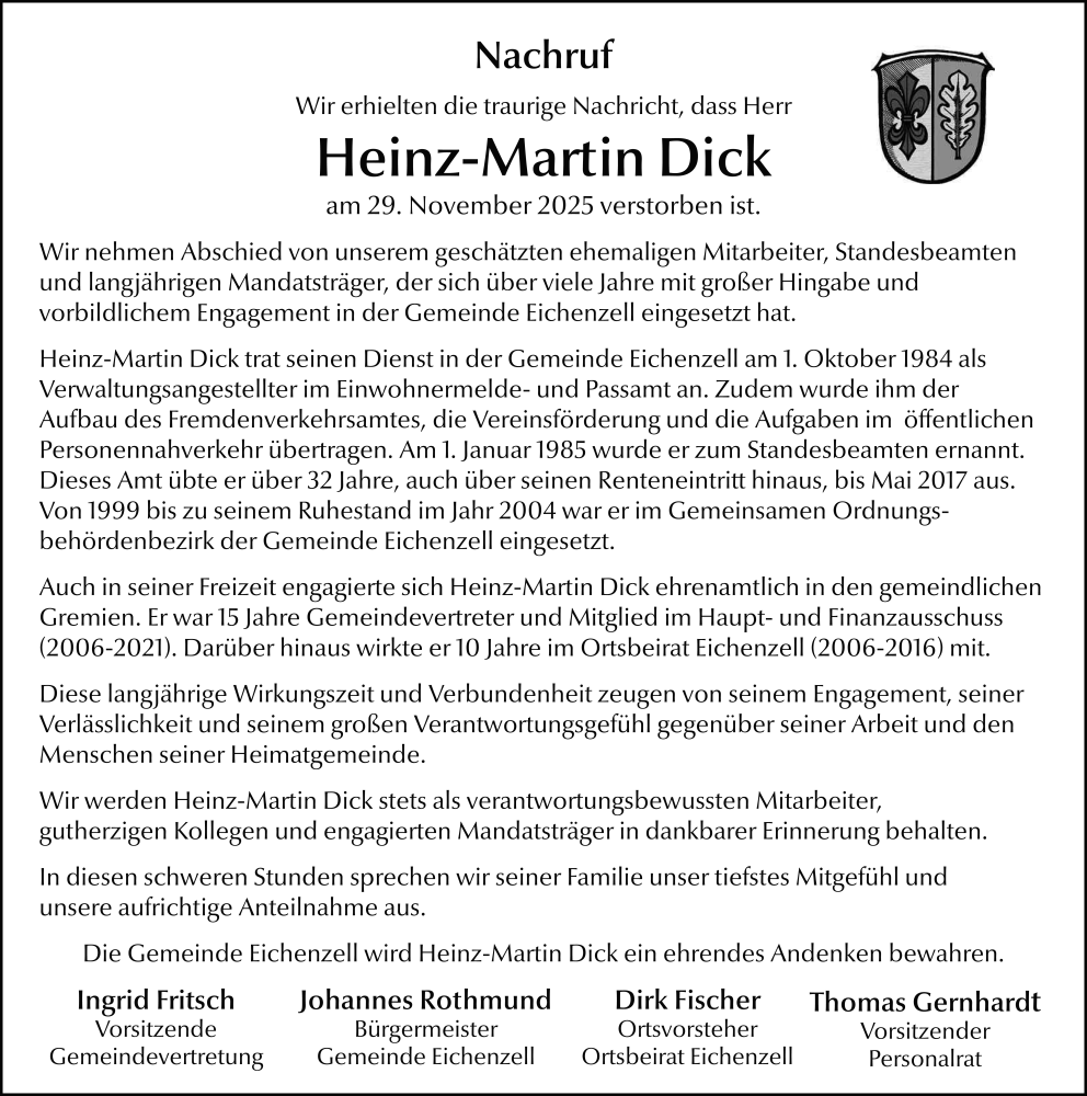  Traueranzeige für Heinz-Martin Dick vom 13.12.2025 aus FZ