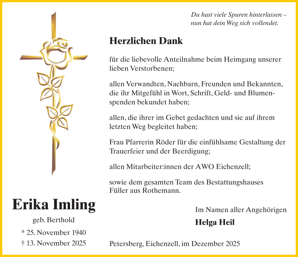  Traueranzeige für Helga Heil vom 13.12.2025 aus FZ