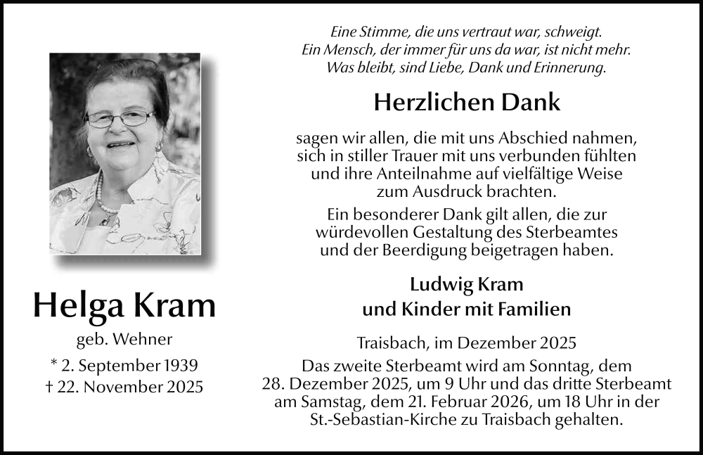  Traueranzeige für Helga Kram vom 20.12.2025 aus FZ