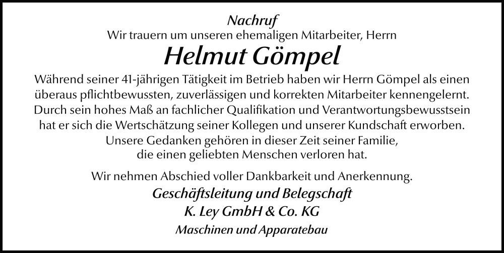  Traueranzeige für Helmut Gömpel vom 27.12.2025 aus FZ