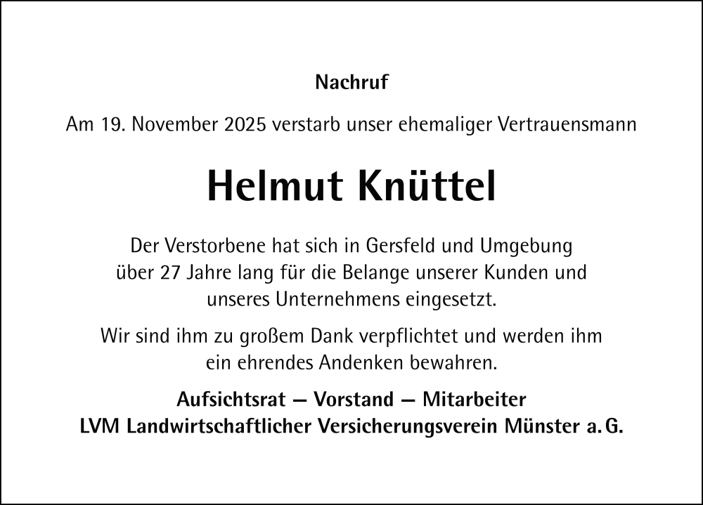  Traueranzeige für Helmut Knüttel vom 06.12.2025 aus FZ
