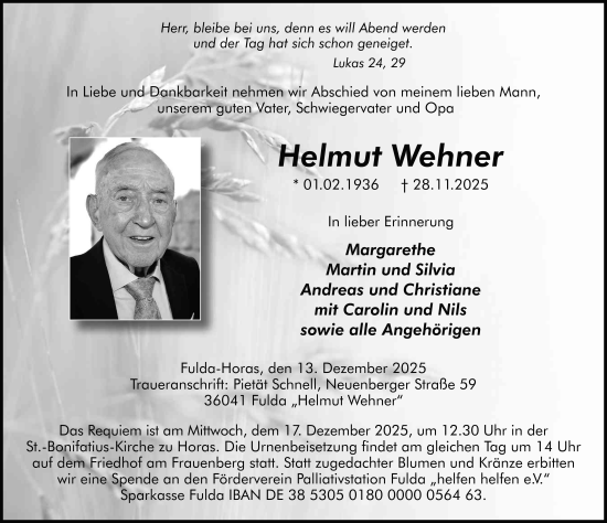 Traueranzeige von Helmut Wehner von FZ