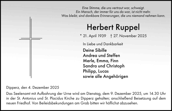 Traueranzeige von Herbert Ruppel von FZ
