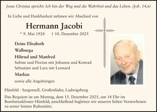 Traueranzeige von Hermann Jacobi von FZ