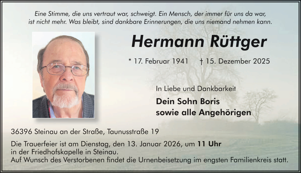  Traueranzeige für Hermann Rüttger vom 27.12.2025 aus FZ