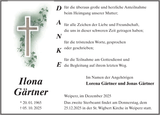 Traueranzeige von Ilona Gärtner von FZ