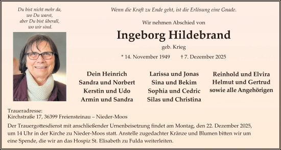 Traueranzeige von Ingeborg Hildebrand von FZ