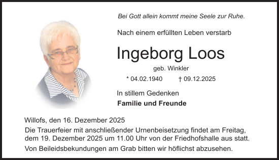 Traueranzeige von Ingeborg Loos von FZ