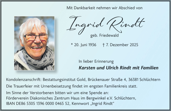 Traueranzeige von Ingrid Rindt von FZ
