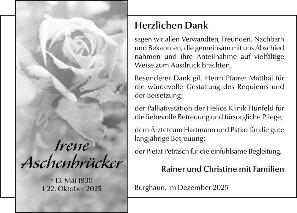  Traueranzeige für Irene Aschenbrücker vom 06.12.2025 aus FZ