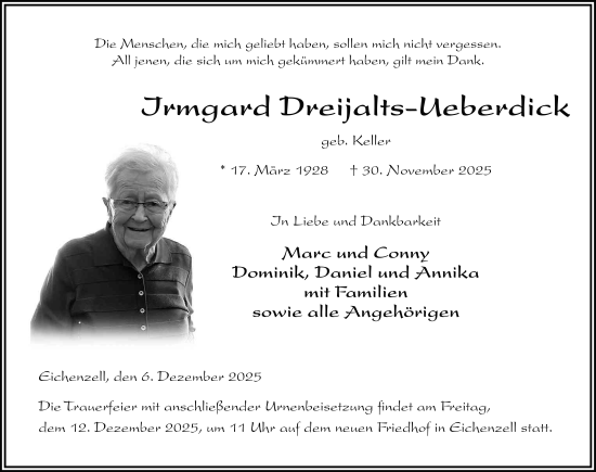 Traueranzeige von Irmgard Dreijalts-Ueberdick von FZ