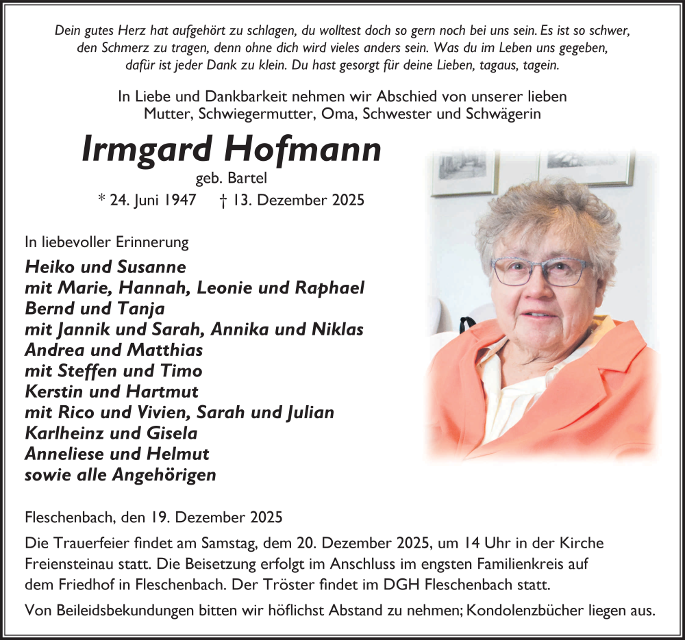  Traueranzeige für Irmgard Hofmann vom 19.12.2025 aus FZ