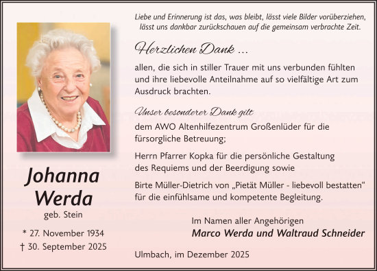 Traueranzeige von Johanna Werda von FZ