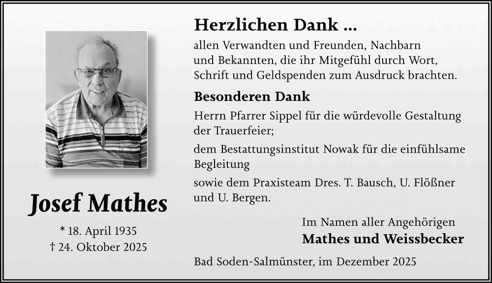  Traueranzeige für Josef Mathes vom 20.12.2025 aus FZ