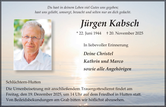 Traueranzeige von Jürgen Kabsch von FZ