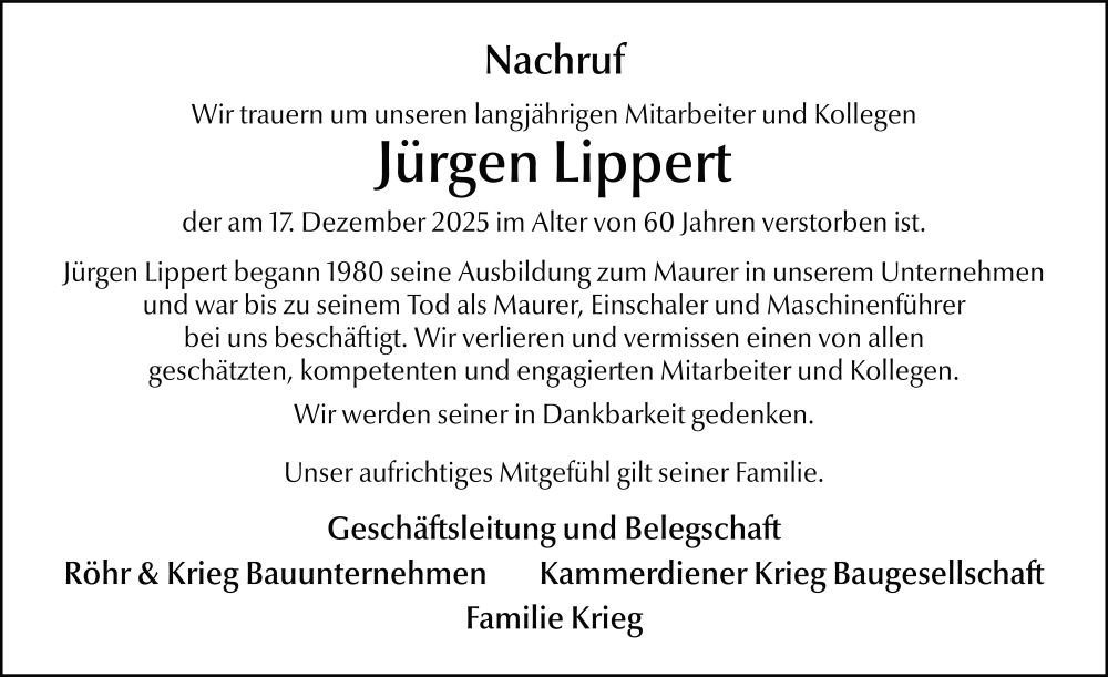  Traueranzeige für Jürgen Lippert vom 27.12.2025 aus FZ