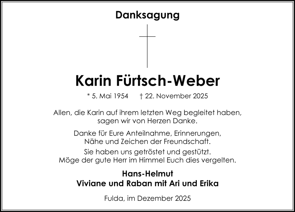  Traueranzeige für Karin Firtsch-Weber vom 13.12.2025 aus FZ