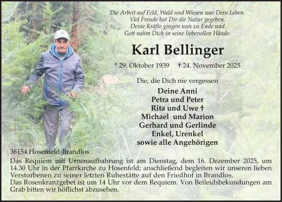 Traueranzeige von Karl Bellinger von FZ