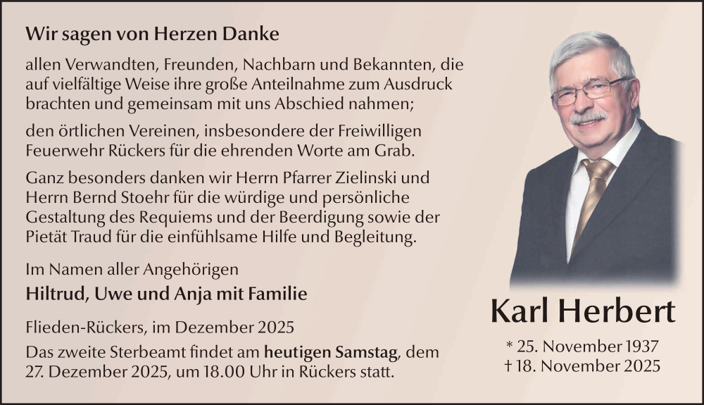  Traueranzeige für Karl Herbert vom 27.12.2025 aus FZ