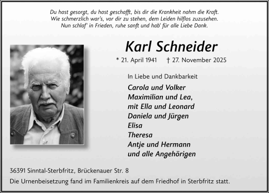 Traueranzeige von Karl Schneider von FZ