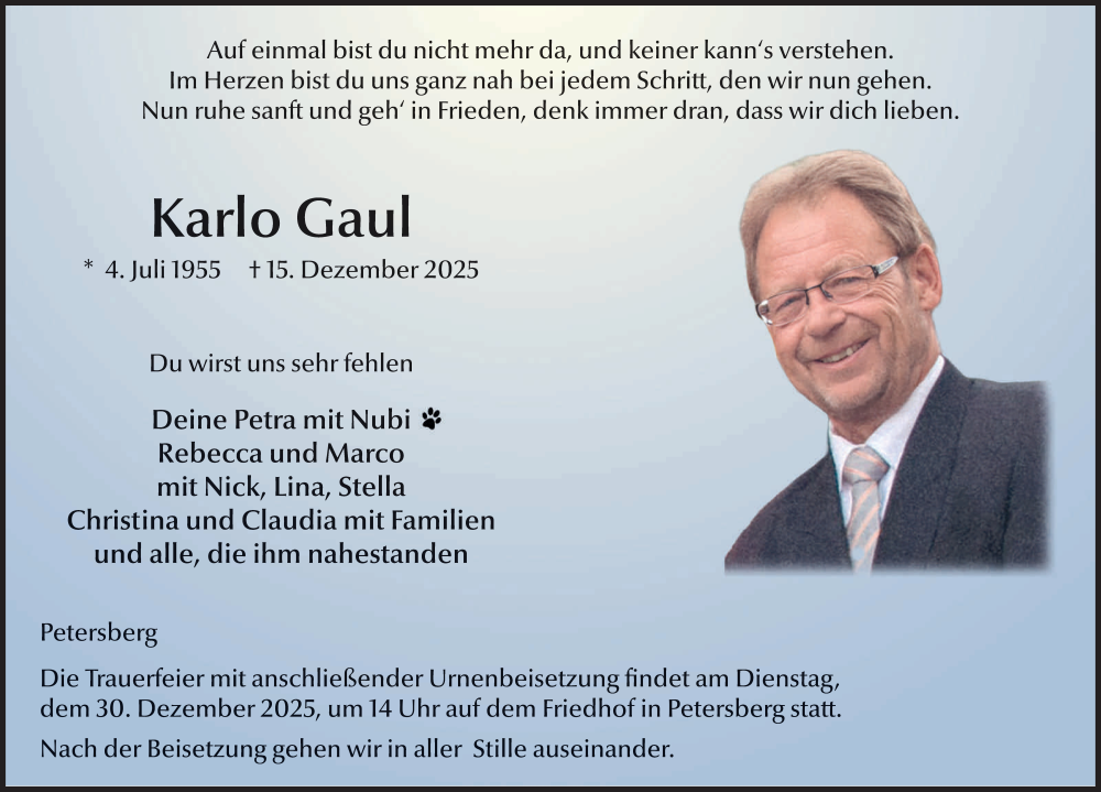  Traueranzeige für Karlo Gaul vom 23.12.2025 aus FZ