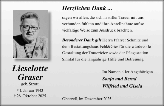 Traueranzeige von Lieselotte Graser von FZ