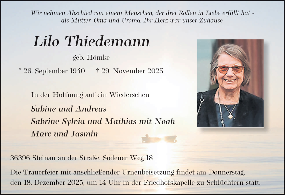 Traueranzeige für Lilo Thiedemann vom 06.12.2025 aus FZ