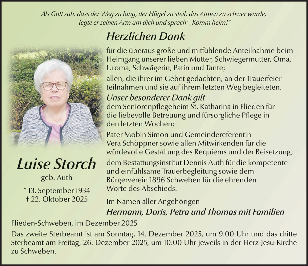  Traueranzeige für Luise Storch vom 12.12.2025 aus FZ