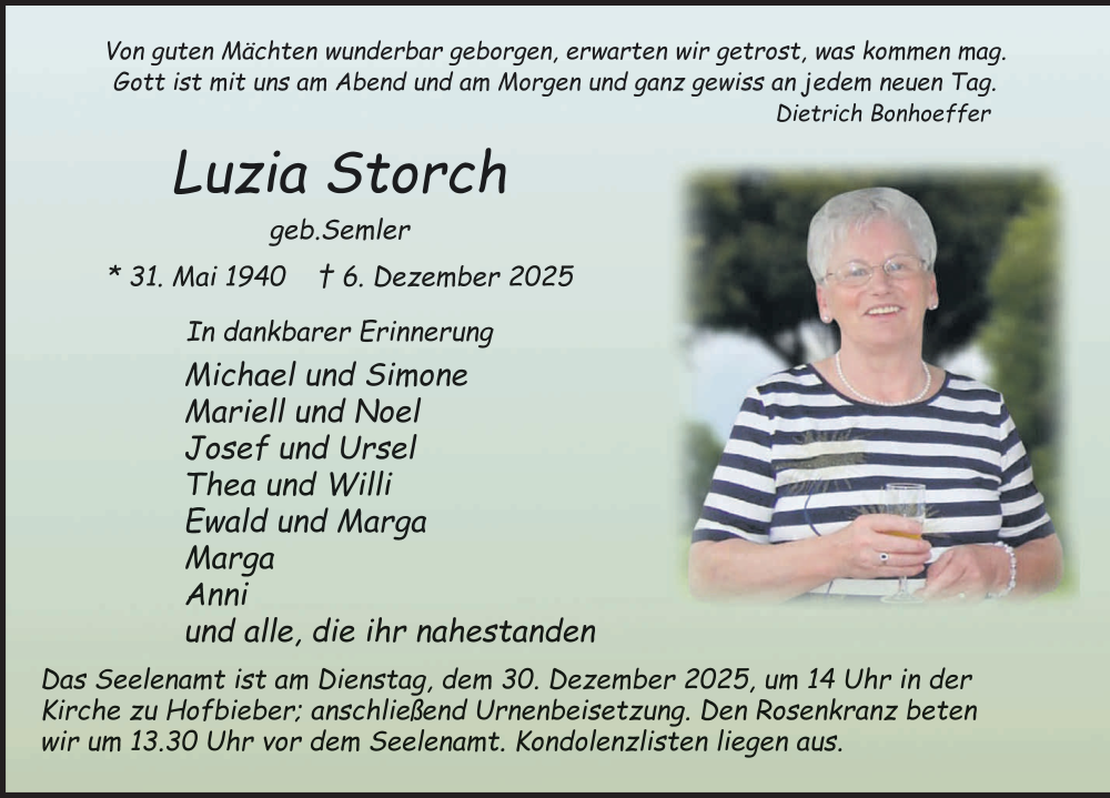  Traueranzeige für Luzia Storch vom 22.12.2025 aus FZ