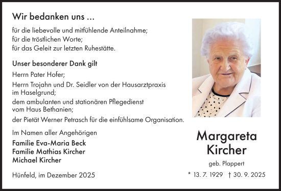 Traueranzeige von Margareta Kircher von FZ