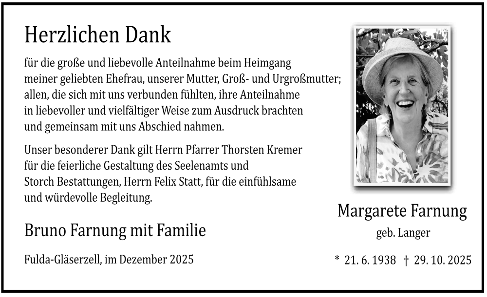  Traueranzeige für Margarete Farnung vom 06.12.2025 aus FZ