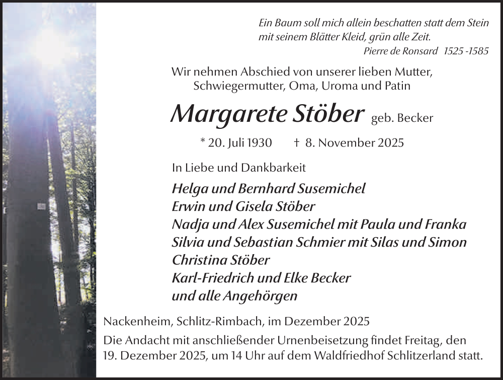  Traueranzeige für Margarete Stöber vom 13.12.2025 aus FZ