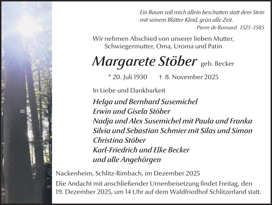 Traueranzeige von Margarete Stöber von FZ