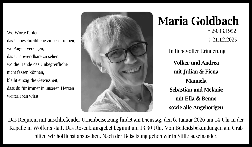  Traueranzeige für Maria Goldbach vom 30.12.2025 aus FZ
