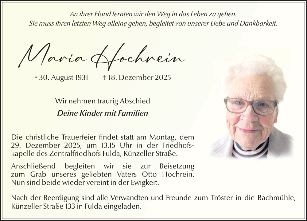  Traueranzeige für Maria Hochrein vom 27.12.2025 aus FZ