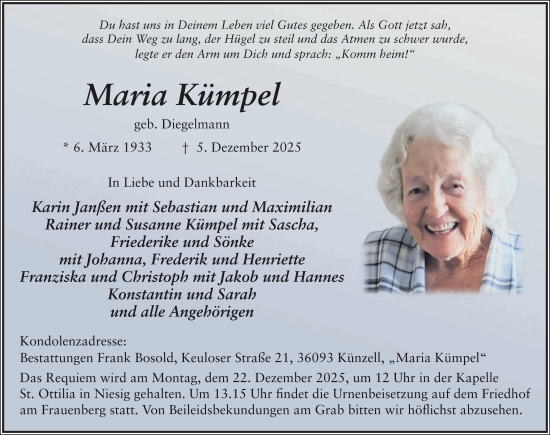 Traueranzeige von Maria Kümpel von FZ