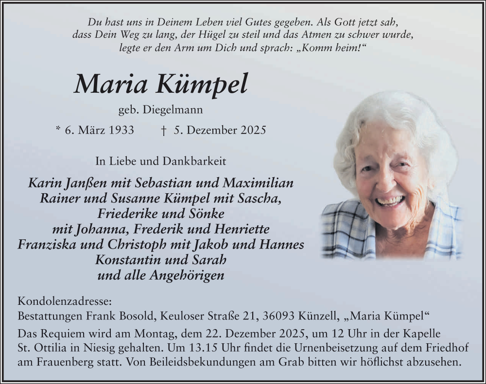  Traueranzeige für Maria Kümpel vom 13.12.2025 aus FZ