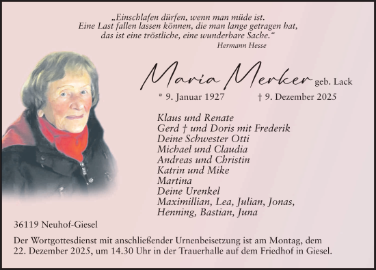 Traueranzeige von Maria Merker von FZ