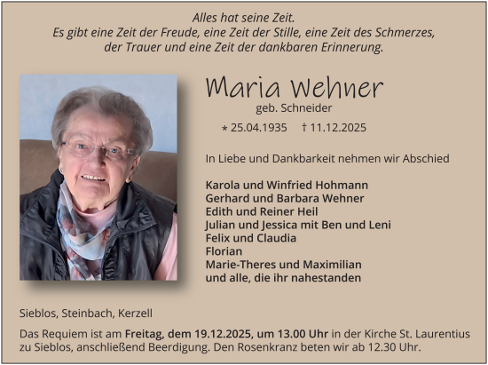 Traueranzeige von Maria Wehner von FZ