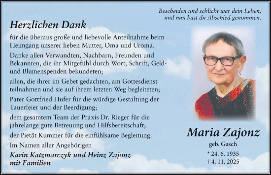 Traueranzeige von Maria Zajonz von FZ