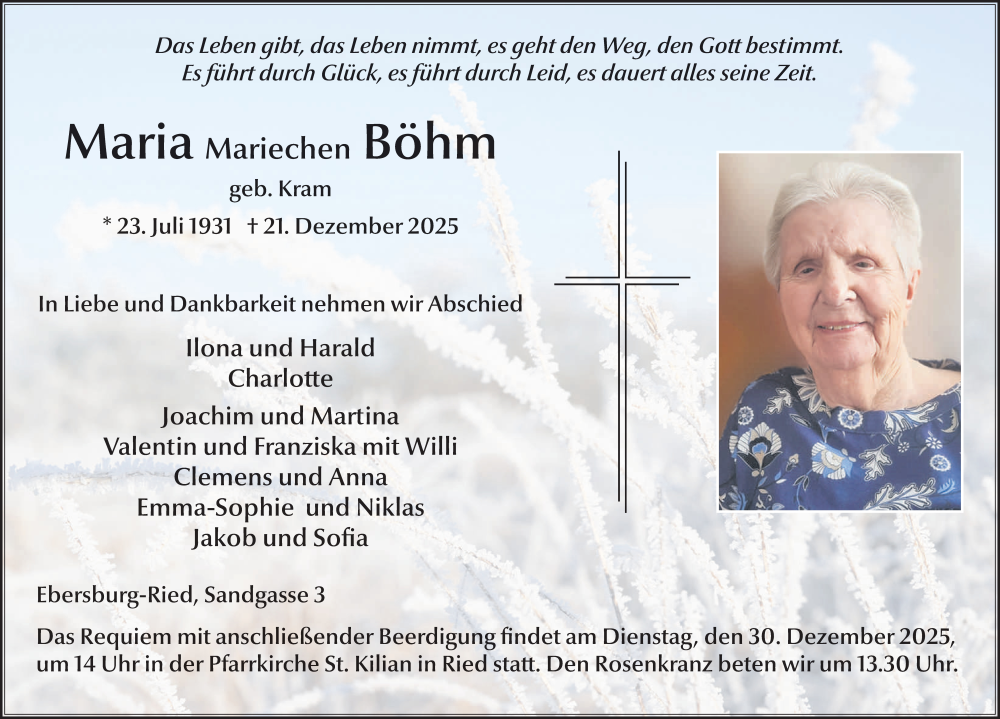  Traueranzeige für Maria Mariechen Böhm vom 27.12.2025 aus FZ