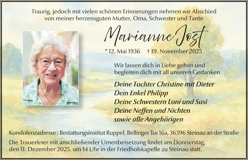  Traueranzeige für Marianne Jost vom 06.12.2025 aus FZ