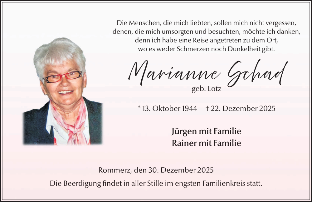  Traueranzeige für Marianne Schad vom 30.12.2025 aus FZ