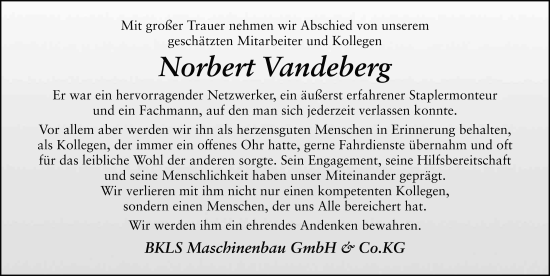Traueranzeige von Norbert Vandeberg von FZ